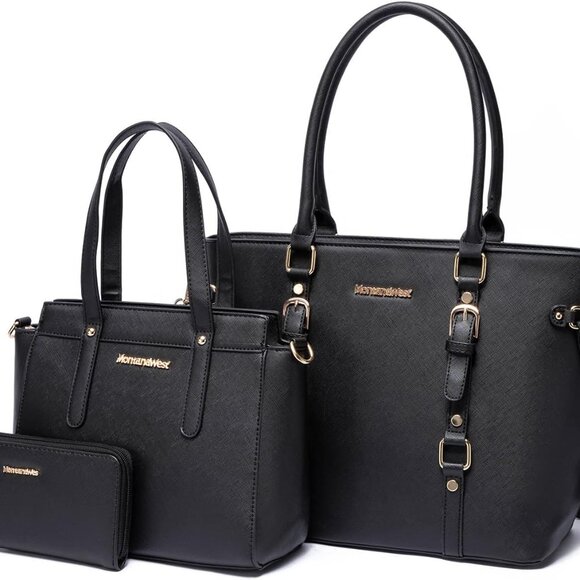 Chic 3PCS Black Handbag Collection: Tote, Medium Purse & Wallet - Perfect Gift - Picture 1 of 6